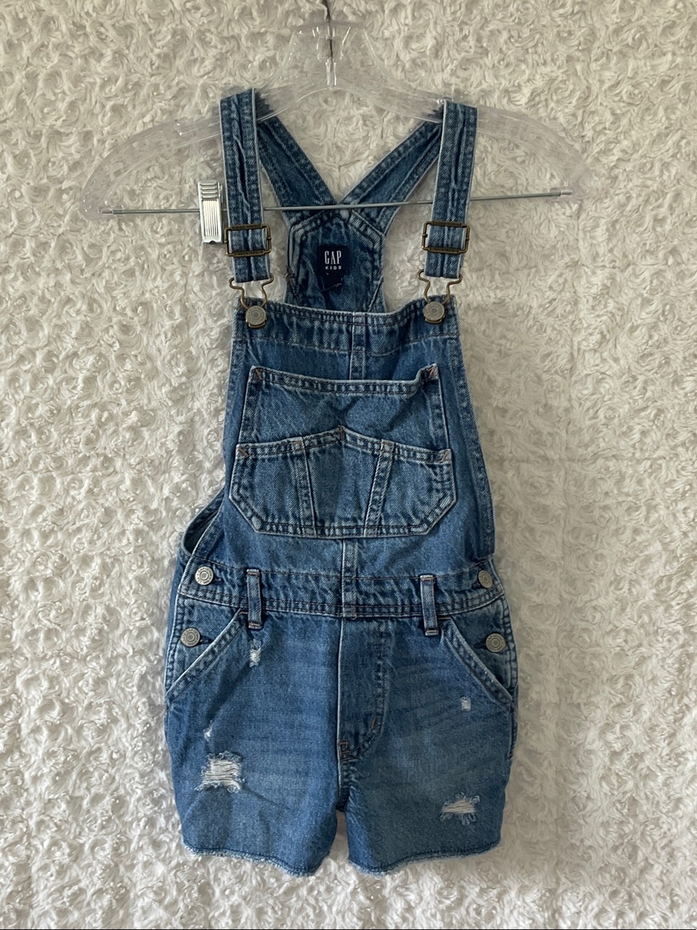 GAP Kids Blue Denim Short Overalls with Distressed Accents